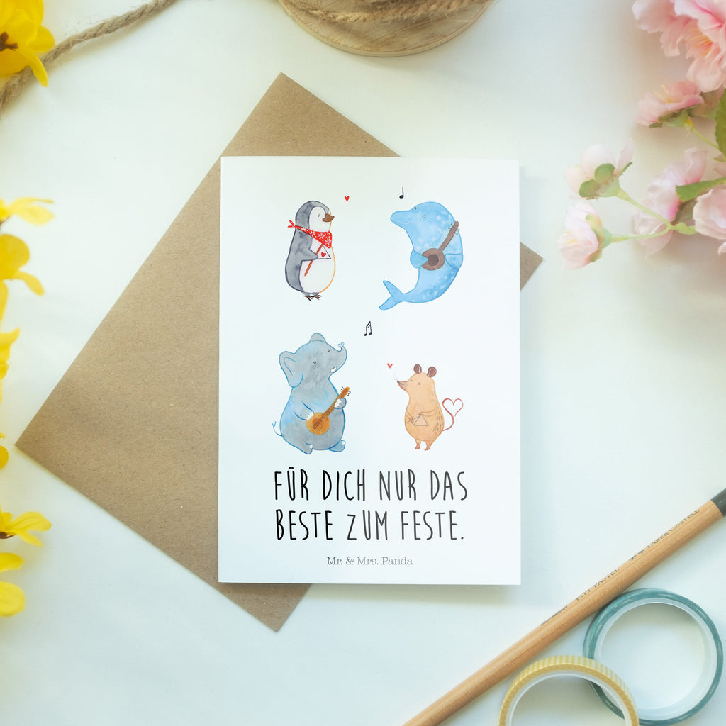 Grußkarte Big Band Klappkarte, Einladungskarte, Glückwunschkarte, Hochzeitskarte, Geburtstagskarte, Karte, Tiermotive, Gute Laune, lustige Sprüche, Tiere, Hund, Pinguin, Maus, Elefant, Delfin, Gitarre, Band, Triangel, Musikanten, Musik