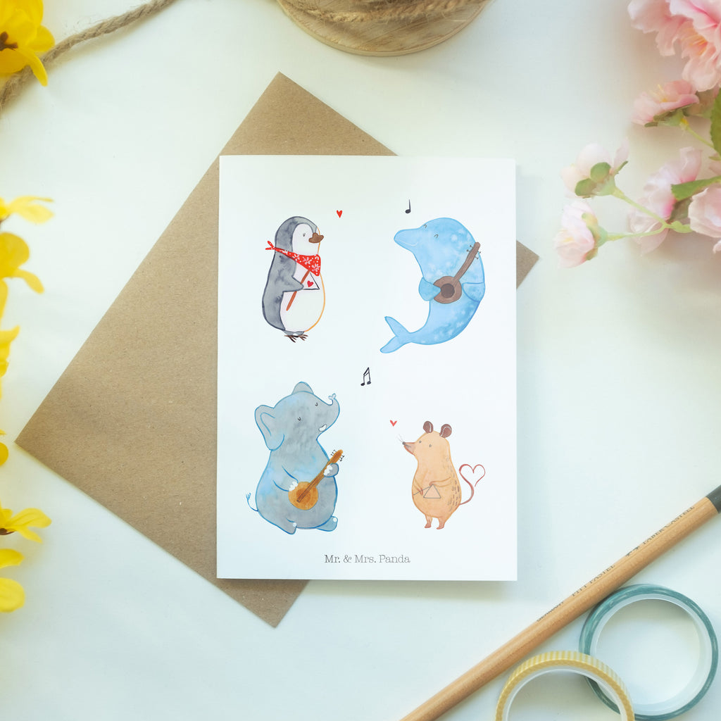 Grußkarte Big Band Klappkarte, Einladungskarte, Glückwunschkarte, Hochzeitskarte, Geburtstagskarte, Karte, Tiermotive, Gute Laune, lustige Sprüche, Tiere, Hund, Pinguin, Maus, Elefant, Delfin, Gitarre, Band, Triangel, Musikanten, Musik