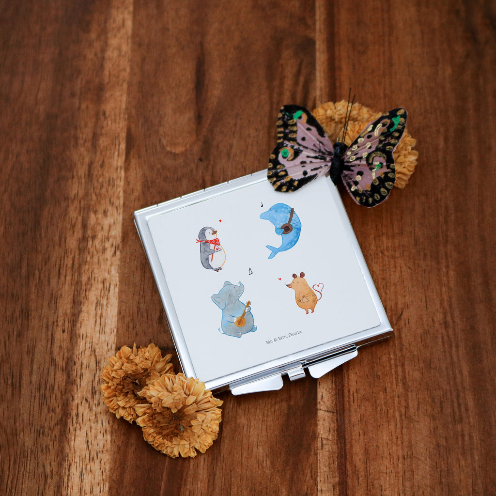 Handtaschenspiegel quadratisch Big Band Spiegel, Handtasche, Quadrat, silber, schminken, Schminkspiegel, Tiermotive, Gute Laune, lustige Sprüche, Tiere, Hund, Pinguin, Maus, Elefant, Delfin, Gitarre, Band, Triangel, Musikanten, Musik