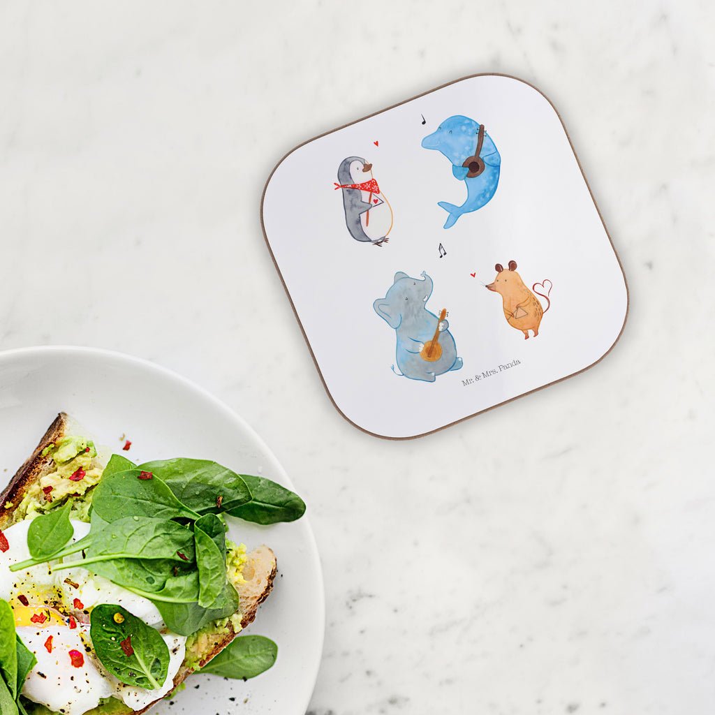 Quadratische Untersetzer Big Band Bierdeckel, Glasuntersetzer, Untersetzer Gläser, Getränkeuntersetzer, Tiermotive, Gute Laune, lustige Sprüche, Tiere, Hund, Pinguin, Maus, Elefant, Delfin, Gitarre, Band, Triangel, Musikanten, Musik