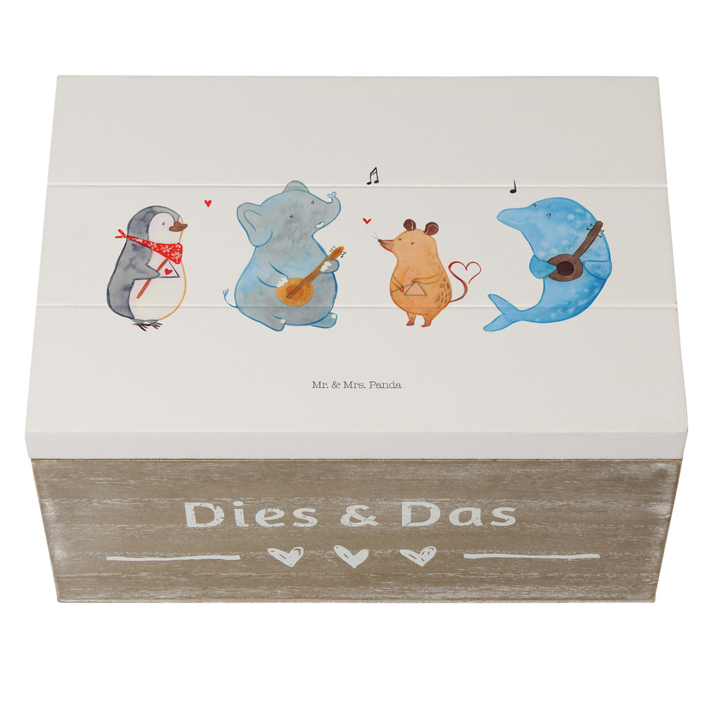 Holzkiste Big Band Holzkiste, Kiste, Schatzkiste, Truhe, Schatulle, XXL, Erinnerungsbox, Erinnerungskiste, Dekokiste, Aufbewahrungsbox, Tiermotive, Gute Laune, lustige Sprüche, Tiere, Hund, Pinguin, Maus, Elefant, Delfin, Gitarre, Band, Triangel, Musikanten, Musik