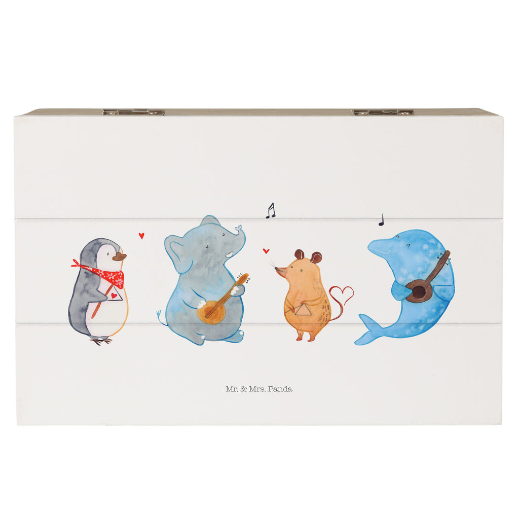 Holzkiste Big Band Holzkiste, Kiste, Schatzkiste, Truhe, Schatulle, XXL, Erinnerungsbox, Erinnerungskiste, Dekokiste, Aufbewahrungsbox, Tiermotive, Gute Laune, lustige Sprüche, Tiere, Hund, Pinguin, Maus, Elefant, Delfin, Gitarre, Band, Triangel, Musikanten, Musik