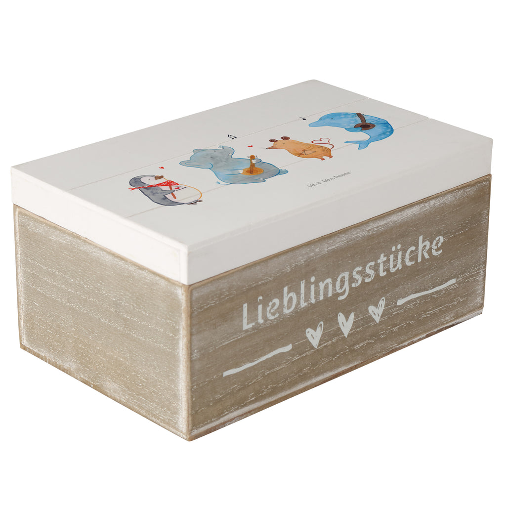 Holzkiste Big Band Holzkiste, Kiste, Schatzkiste, Truhe, Schatulle, XXL, Erinnerungsbox, Erinnerungskiste, Dekokiste, Aufbewahrungsbox, Tiermotive, Gute Laune, lustige Sprüche, Tiere, Hund, Pinguin, Maus, Elefant, Delfin, Gitarre, Band, Triangel, Musikanten, Musik