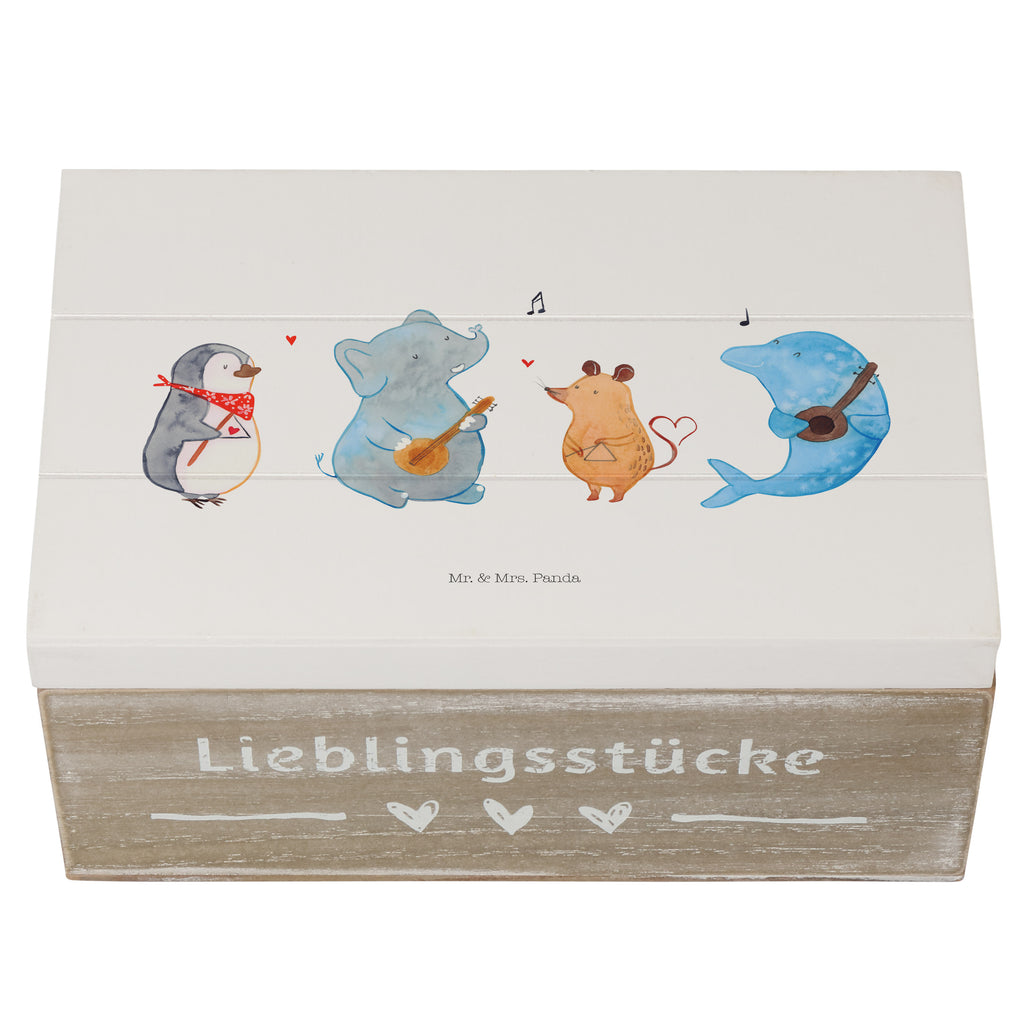 Holzkiste Big Band Holzkiste, Kiste, Schatzkiste, Truhe, Schatulle, XXL, Erinnerungsbox, Erinnerungskiste, Dekokiste, Aufbewahrungsbox, Tiermotive, Gute Laune, lustige Sprüche, Tiere, Hund, Pinguin, Maus, Elefant, Delfin, Gitarre, Band, Triangel, Musikanten, Musik