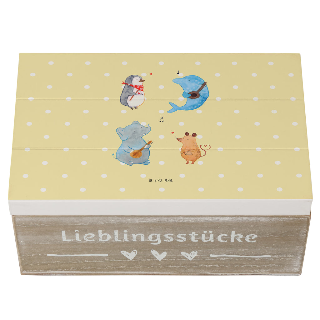 Holzkiste Big Band Holzkiste, Kiste, Schatzkiste, Truhe, Schatulle, XXL, Erinnerungsbox, Erinnerungskiste, Dekokiste, Aufbewahrungsbox, Tiermotive, Gute Laune, lustige Sprüche, Tiere, Hund, Pinguin, Maus, Elefant, Delfin, Gitarre, Band, Triangel, Musikanten, Musik