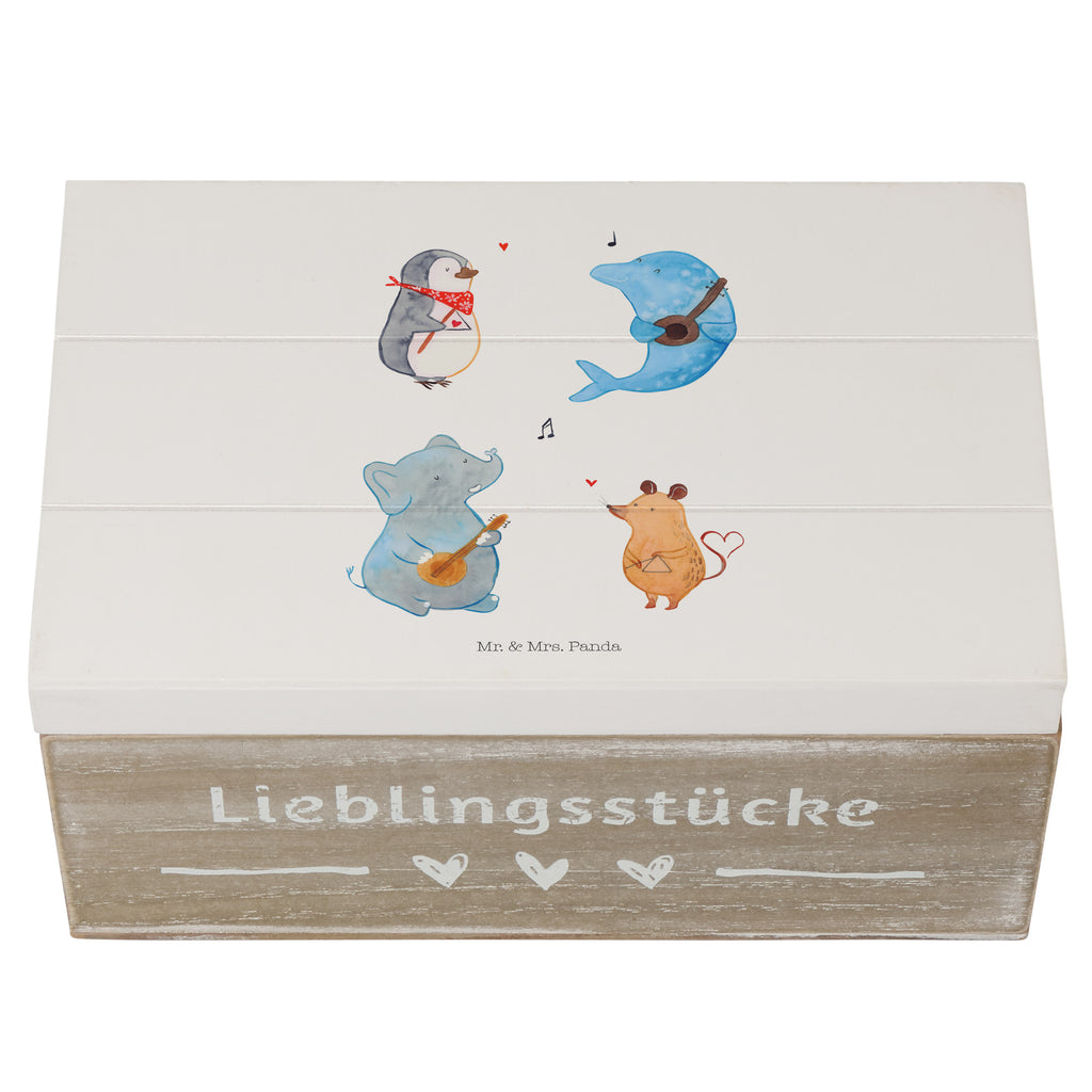 Holzkiste Big Band Holzkiste, Kiste, Schatzkiste, Truhe, Schatulle, XXL, Erinnerungsbox, Erinnerungskiste, Dekokiste, Aufbewahrungsbox, Tiermotive, Gute Laune, lustige Sprüche, Tiere, Hund, Pinguin, Maus, Elefant, Delfin, Gitarre, Band, Triangel, Musikanten, Musik