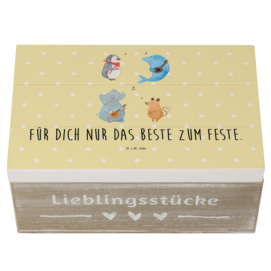 Holzkiste Big Band Holzkiste, Kiste, Schatzkiste, Truhe, Schatulle, XXL, Erinnerungsbox, Erinnerungskiste, Dekokiste, Aufbewahrungsbox, Tiermotive, Gute Laune, lustige Sprüche, Tiere, Hund, Pinguin, Maus, Elefant, Delfin, Gitarre, Band, Triangel, Musikanten, Musik
