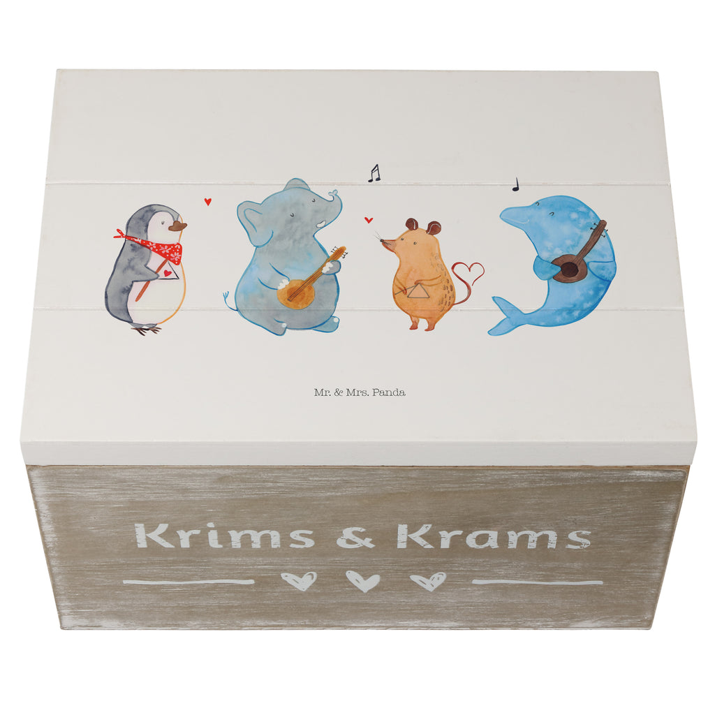 Holzkiste Big Band Holzkiste, Kiste, Schatzkiste, Truhe, Schatulle, XXL, Erinnerungsbox, Erinnerungskiste, Dekokiste, Aufbewahrungsbox, Tiermotive, Gute Laune, lustige Sprüche, Tiere, Hund, Pinguin, Maus, Elefant, Delfin, Gitarre, Band, Triangel, Musikanten, Musik