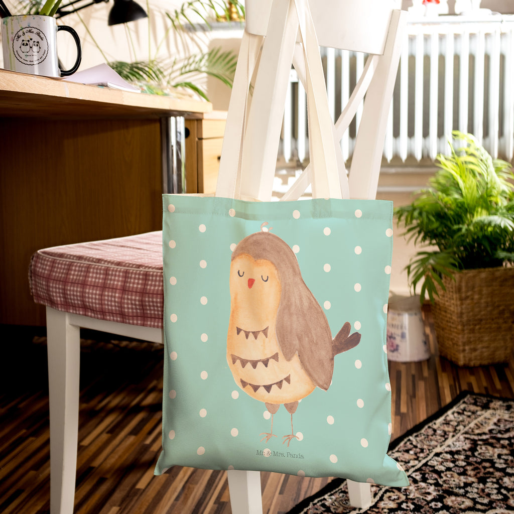Einkaufstasche Eule Zufrieden Tragetasche, Tasche, Beutel, Stofftasche, Baumwolltasche, Umhängetasche, Shopper, Eule, Eule Spruch, Eule deko, Owl, Liebe Spruch, Romantisch, Wortspiel lustig, Spruch schön, Geschenk Hochzeitstag