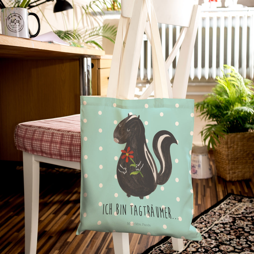 Einkaufstasche Stinktier Blume Tragetasche, Tasche, Beutel, Stofftasche, Baumwolltasche, Umhängetasche, Shopper, Stinktier, Skunk, Wildtier, Raubtier, Stinker, Stinki, Tagträumer, verträumt, Dreams, Träume