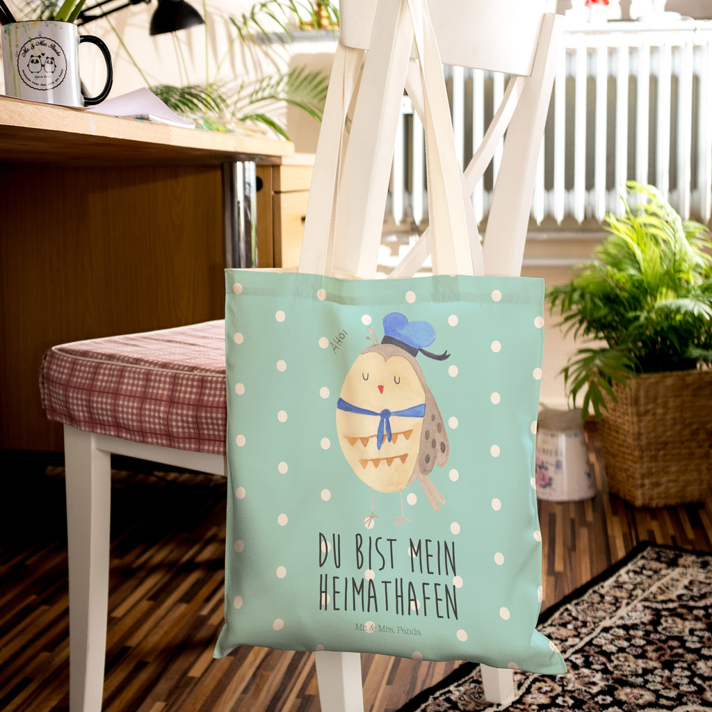 Einkaufstasche Eule Matrosen Tragetasche, Tasche, Beutel, Stofftasche, Baumwolltasche, Umhängetasche, Shopper, Eule, Eule Spruch, Eule Deko, Owl, Wortspiel lustig, Matrose, Freundin, Ehe, Seefahrer, Heimathafen, Hochzeitstag Geschenk