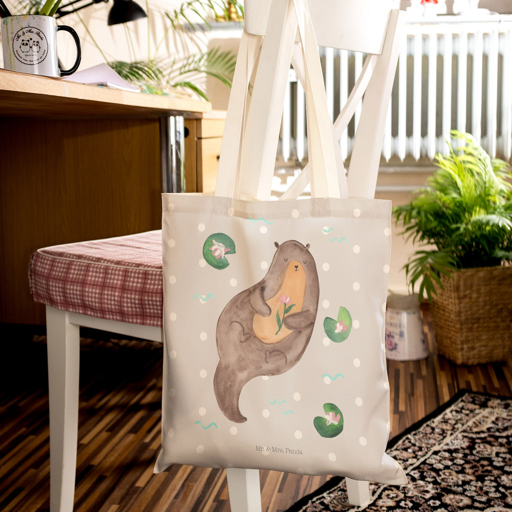 Einkaufstasche Otter mit Seerose Tragetasche, Tasche, Beutel, Stofftasche, Baumwolltasche, Umhängetasche, Shopper, Otter, Fischotter, Seeotter, Otter Seeotter See Otter