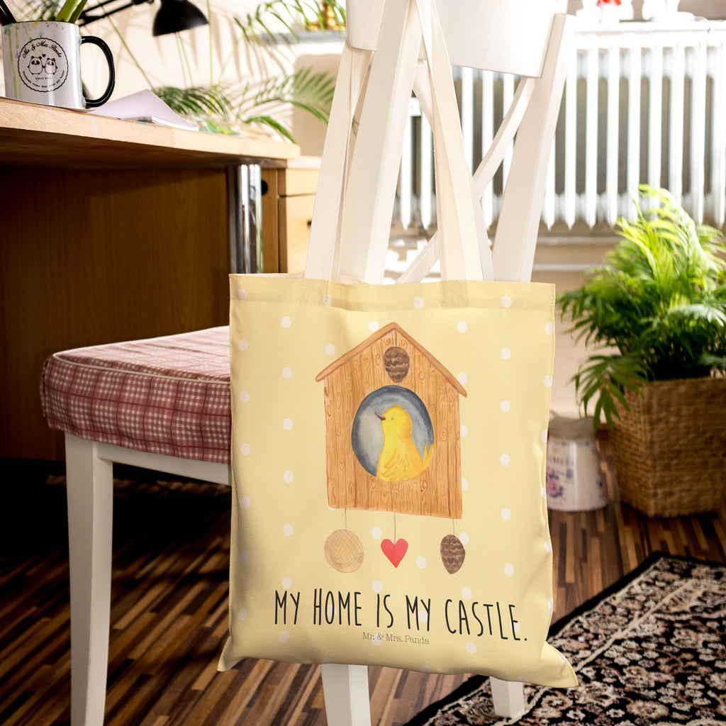 Einkaufstasche Vogelhaus Tragetasche, Tasche, Beutel, Stofftasche, Baumwolltasche, Umhängetasche, Shopper, Tiermotive, Gute Laune, lustige Sprüche, Tiere, Vogel, Vögel, Vogelhaus, Vogelhäuschen, Home sweet home, Zuhause, Nest, Eigenheim, Familie, Wohnung, Haus, unser Haus, Lieblingsort, Castle