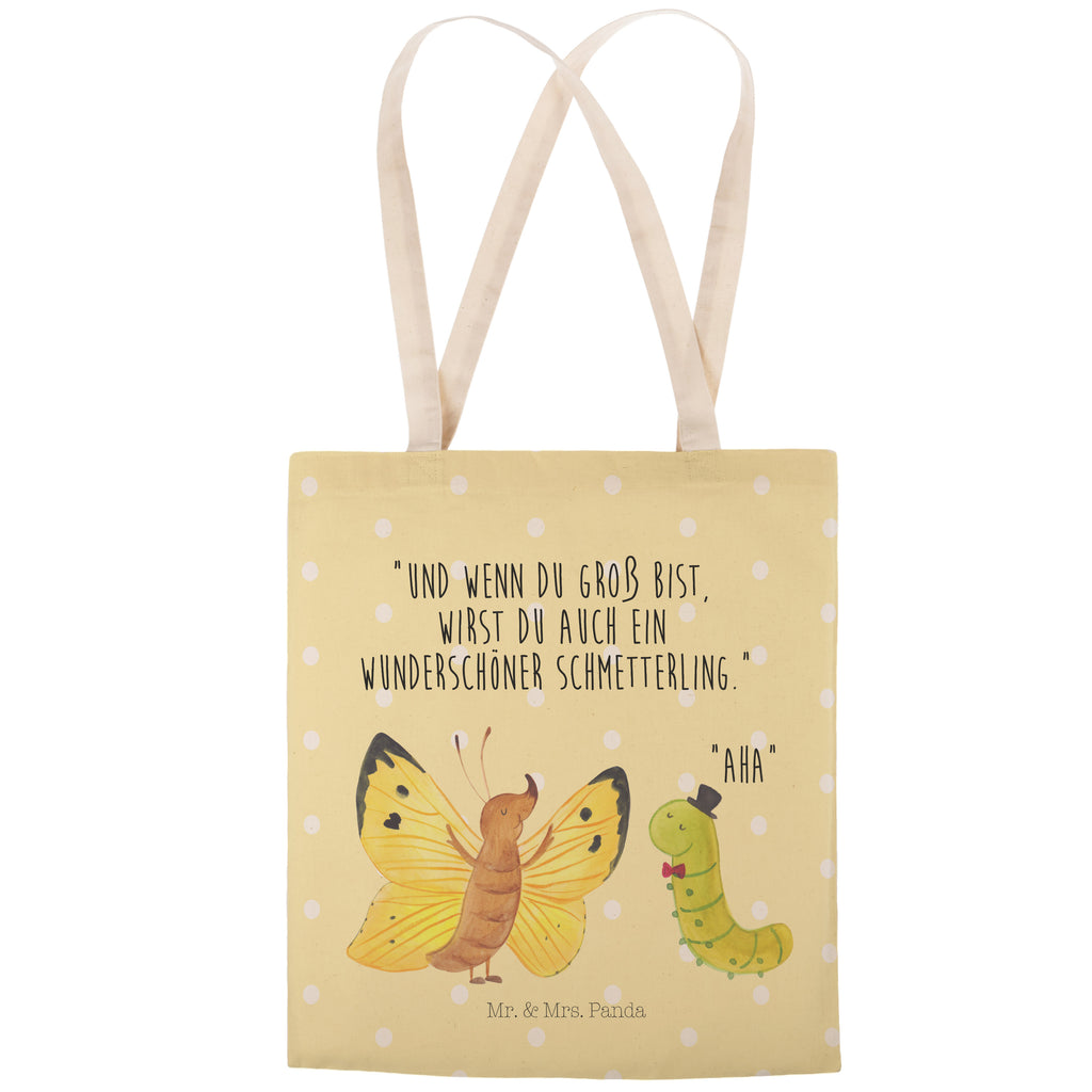Einkaufstasche Raupe & Schmetterling Tragetasche, Tasche, Beutel, Stofftasche, Baumwolltasche, Umhängetasche, Shopper, Tiermotive, Gute Laune, lustige Sprüche, Tiere, Raupe, Schmetterling, Zitronenfalter, Entwicklung, Erwachsen werden, Kokon, Hut, Hütchen, Schönheit, Aufwachsen