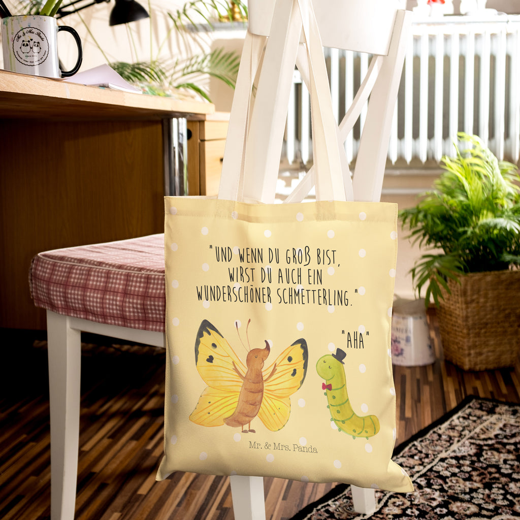 Einkaufstasche Raupe & Schmetterling Tragetasche, Tasche, Beutel, Stofftasche, Baumwolltasche, Umhängetasche, Shopper, Tiermotive, Gute Laune, lustige Sprüche, Tiere, Raupe, Schmetterling, Zitronenfalter, Entwicklung, Erwachsen werden, Kokon, Hut, Hütchen, Schönheit, Aufwachsen