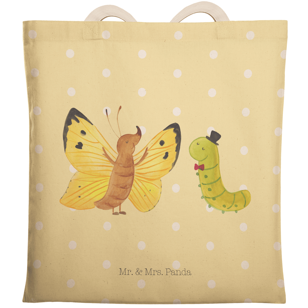 Einkaufstasche Raupe & Schmetterling Tragetasche, Tasche, Beutel, Stofftasche, Baumwolltasche, Umhängetasche, Shopper, Tiermotive, Gute Laune, lustige Sprüche, Tiere, Raupe, Schmetterling, Zitronenfalter, Entwicklung, Erwachsen werden, Kokon, Hut, Hütchen, Schönheit, Aufwachsen