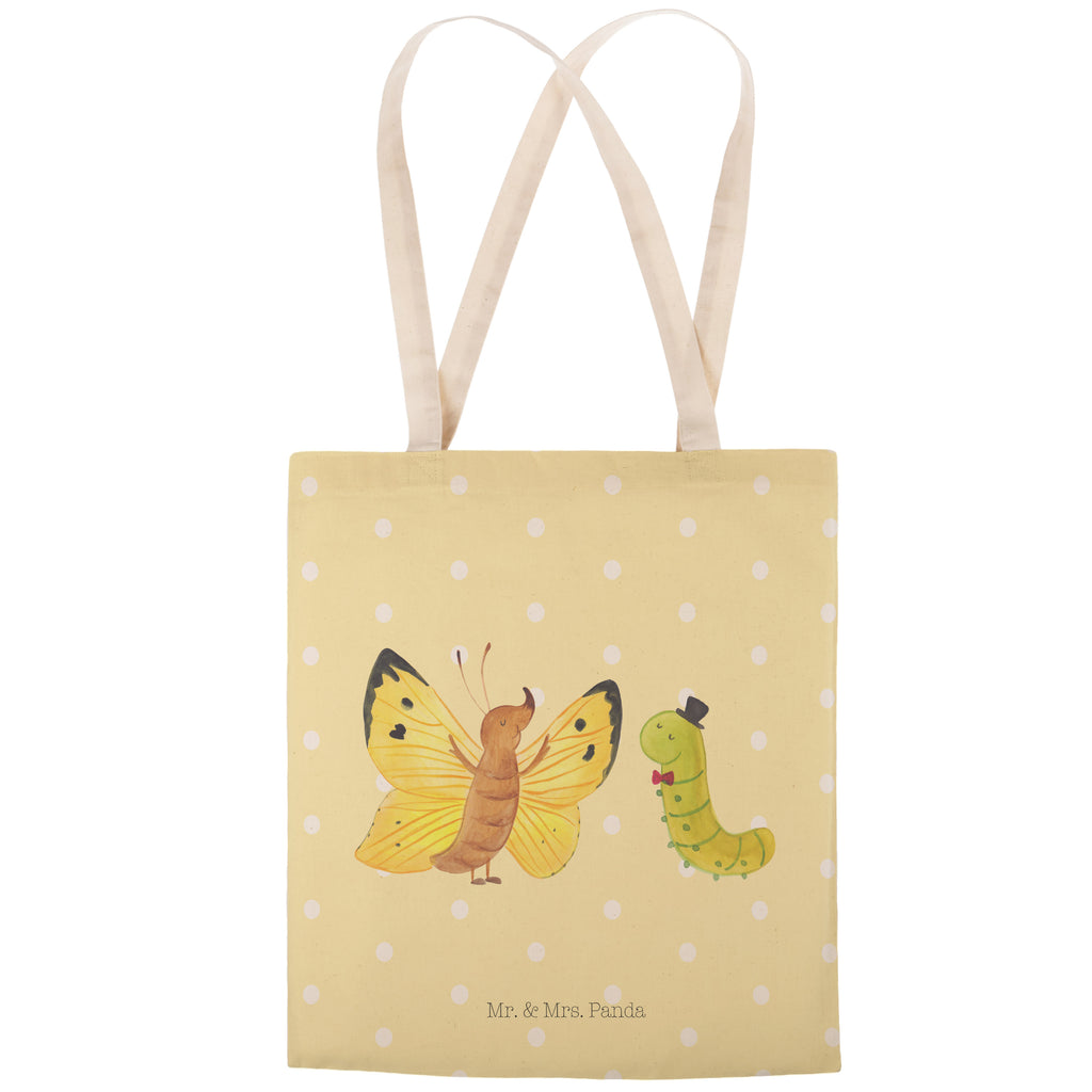 Einkaufstasche Raupe & Schmetterling Tragetasche, Tasche, Beutel, Stofftasche, Baumwolltasche, Umhängetasche, Shopper, Tiermotive, Gute Laune, lustige Sprüche, Tiere, Raupe, Schmetterling, Zitronenfalter, Entwicklung, Erwachsen werden, Kokon, Hut, Hütchen, Schönheit, Aufwachsen