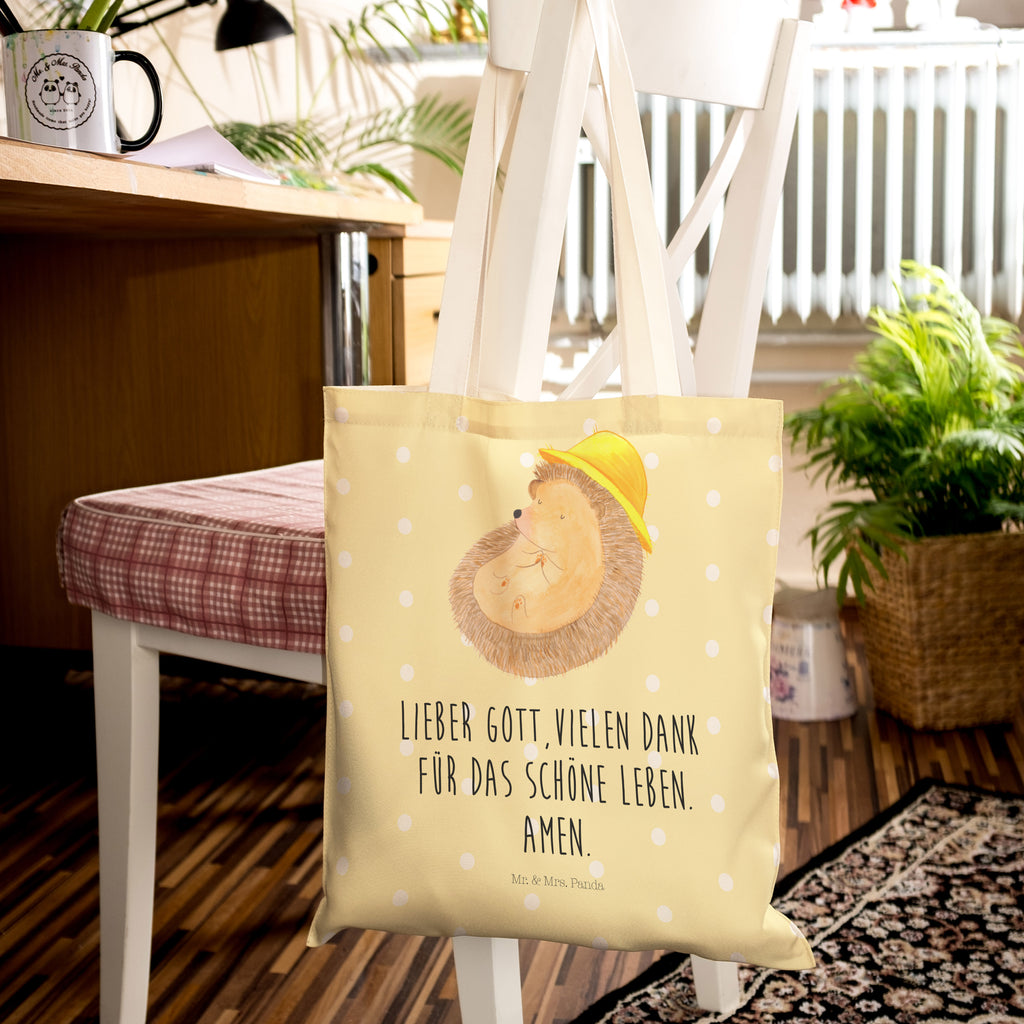 Einkaufstasche Igel betet Tragetasche, Tasche, Beutel, Stofftasche, Baumwolltasche, Umhängetasche, Shopper, Tiermotive, Gute Laune, lustige Sprüche, Tiere, Igel, Igel mit Hut, Sonnenhut, Gott, Amen, beten, Leben, Dankbarkeit, Dankbar sein, dankbar, genießen