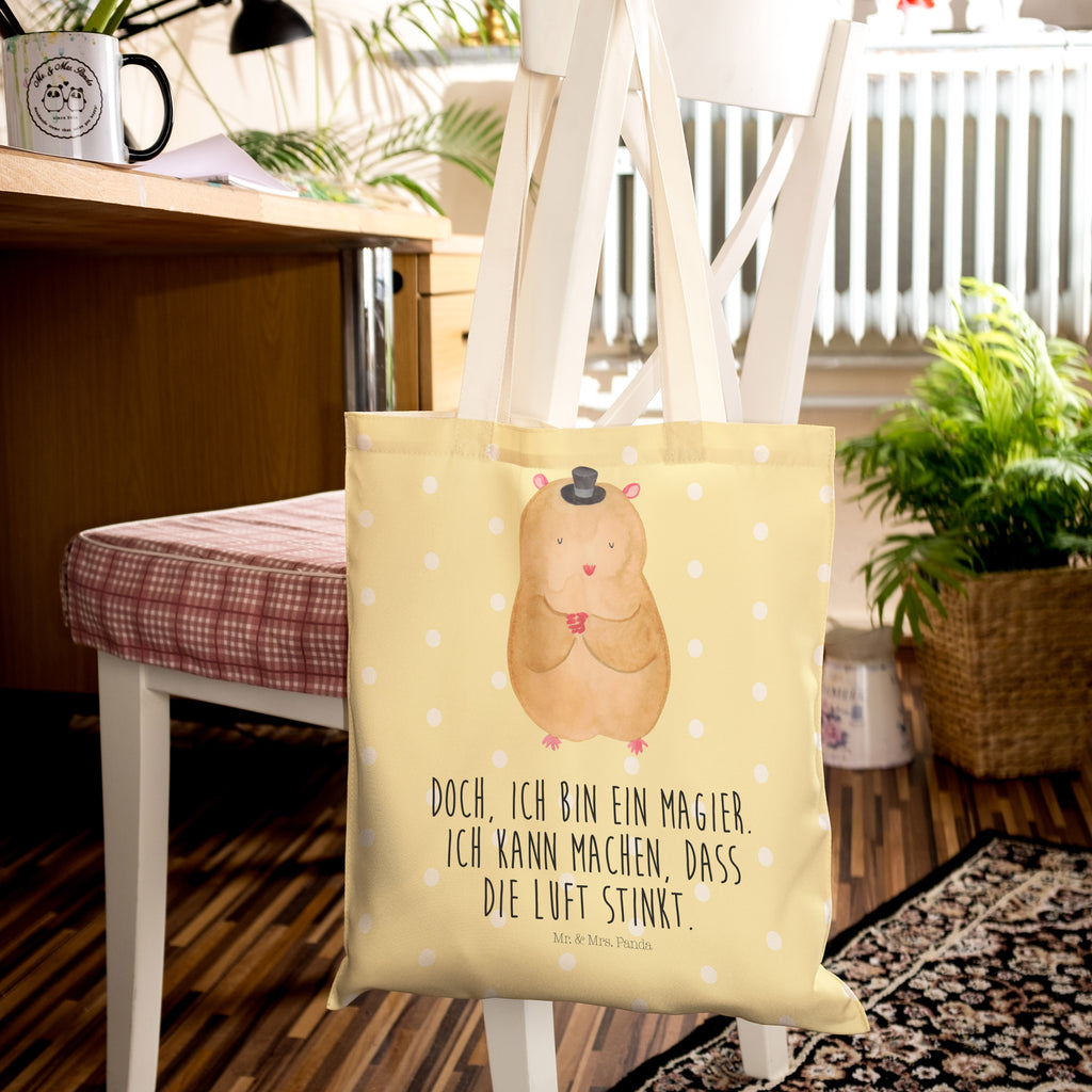 Einkaufstasche Hamster mit Hut Tragetasche, Tasche, Beutel, Stofftasche, Baumwolltasche, Umhängetasche, Shopper, Tiermotive, Gute Laune, lustige Sprüche, Tiere, Hamster, Hut, Magier, Zylinder, Zwerghamster, Zauberer, Houdini