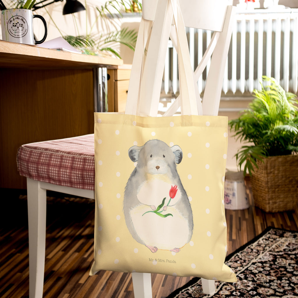 Einkaufstasche Chinchilla mit Blume Tragetasche, Tasche, Beutel, Stofftasche, Baumwolltasche, Umhängetasche, Shopper, Tiermotive, Gute Laune, lustige Sprüche, Tiere, Chinchilla, Chinchillas, Liebeskummer, Kummer, Depressionen, traurig sein, Chaos, Glücklichsein, Büro, Büroalltag