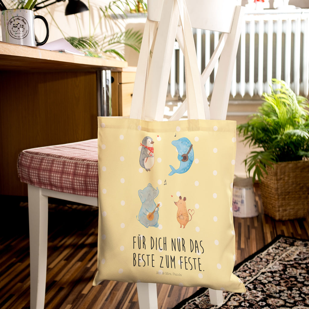 Einkaufstasche Big Band Tragetasche, Tasche, Beutel, Stofftasche, Baumwolltasche, Umhängetasche, Shopper, Tiermotive, Gute Laune, lustige Sprüche, Tiere, Hund, Pinguin, Maus, Elefant, Delfin, Gitarre, Band, Triangel, Musikanten, Musik