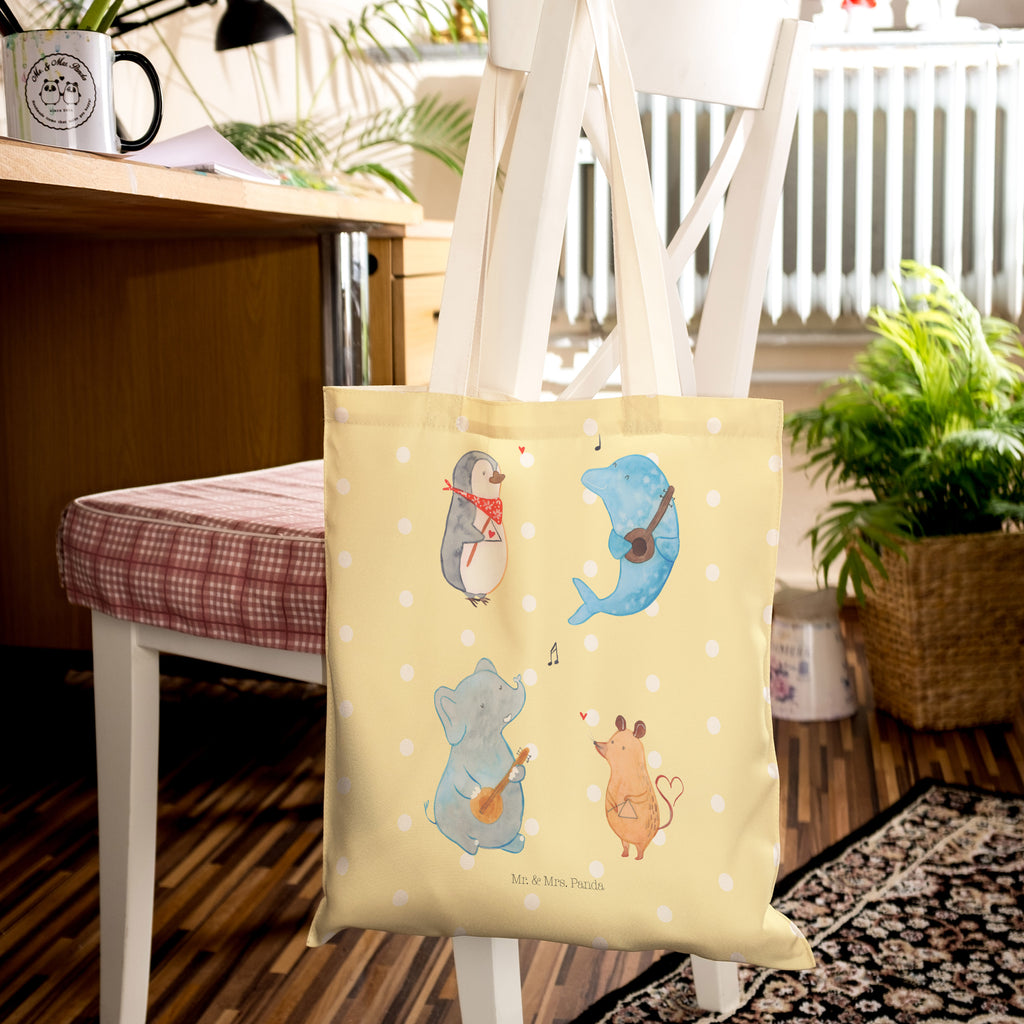 Einkaufstasche Big Band Tragetasche, Tasche, Beutel, Stofftasche, Baumwolltasche, Umhängetasche, Shopper, Tiermotive, Gute Laune, lustige Sprüche, Tiere, Hund, Pinguin, Maus, Elefant, Delfin, Gitarre, Band, Triangel, Musikanten, Musik