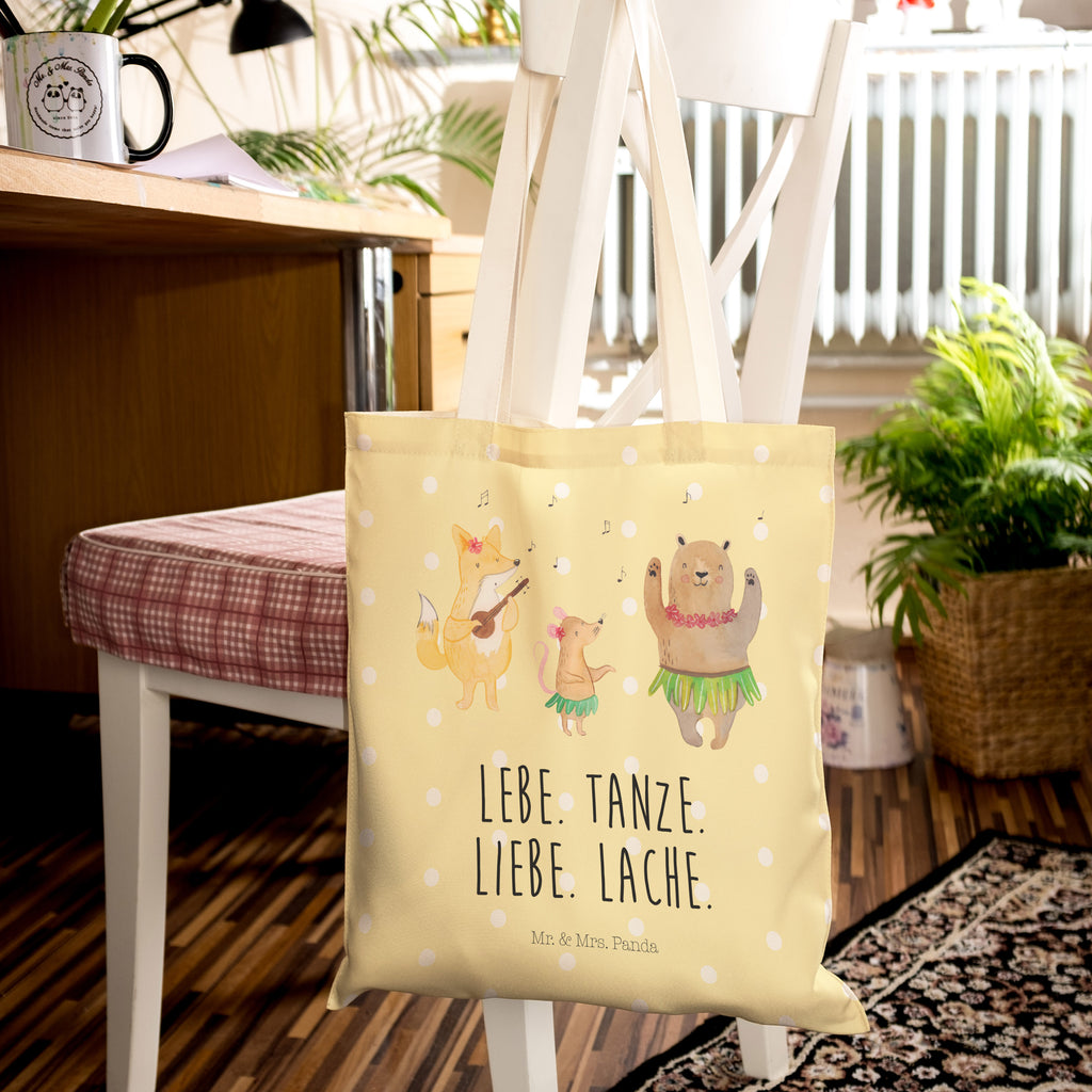 Einkaufstasche Waldtiere Aloha Tragetasche, Tasche, Beutel, Stofftasche, Baumwolltasche, Umhängetasche, Shopper, Tiermotive, Gute Laune, lustige Sprüche, Tiere, Wald, Waldtiere, Musik, Aloha, Bär, Hase, Igel, Tanzen, Leben, Lachen