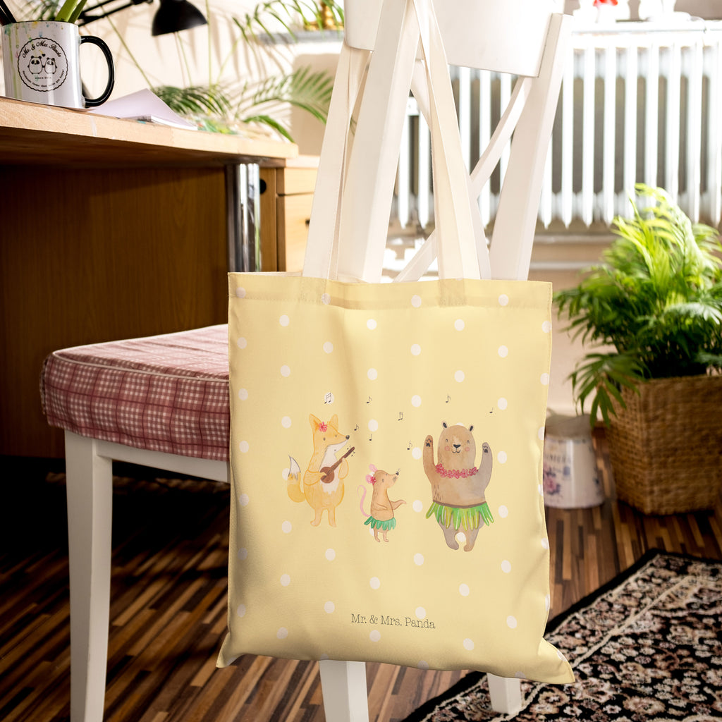 Einkaufstasche Waldtiere Aloha Tragetasche, Tasche, Beutel, Stofftasche, Baumwolltasche, Umhängetasche, Shopper, Tiermotive, Gute Laune, lustige Sprüche, Tiere, Wald, Waldtiere, Musik, Aloha, Bär, Hase, Igel, Tanzen, Leben, Lachen