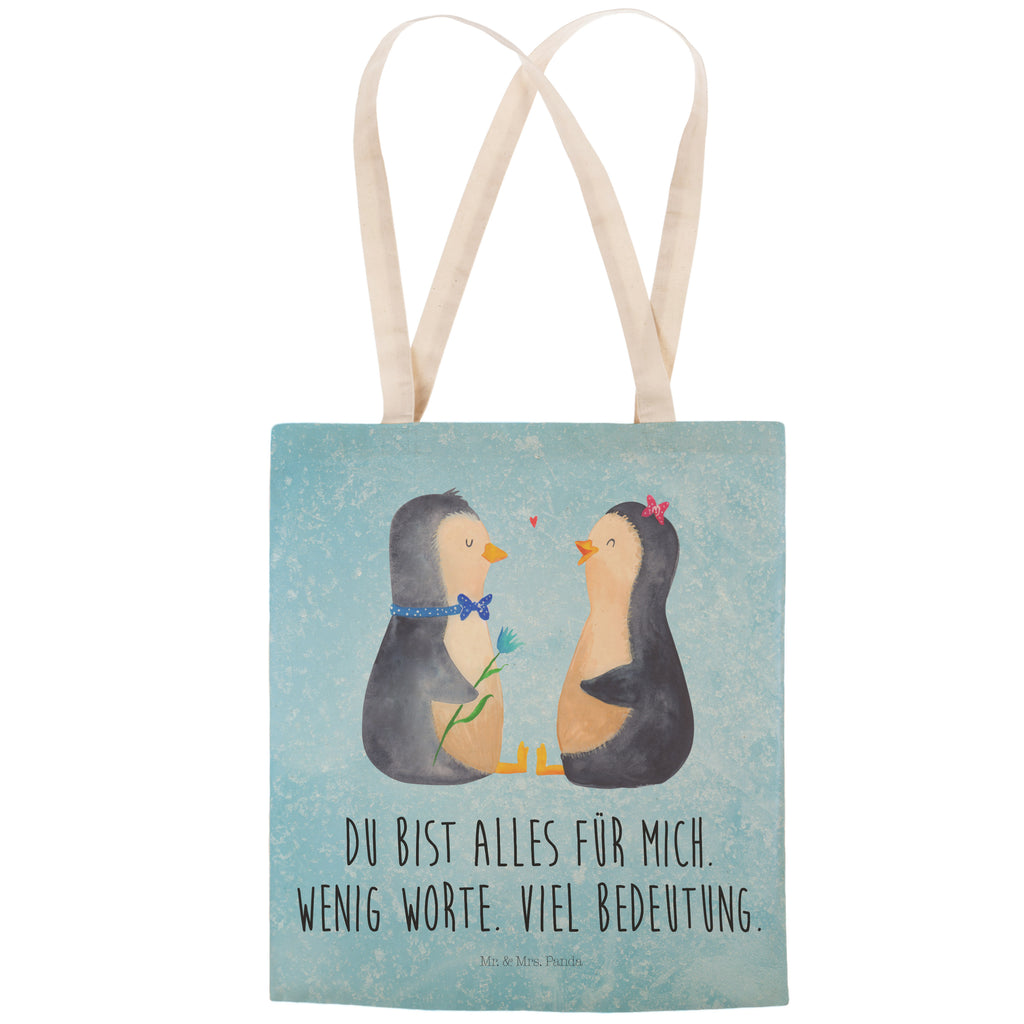 Einkaufstasche Pinguin Pärchen Tragetasche, Tasche, Beutel, Stofftasche, Baumwolltasche, Umhängetasche, Shopper, Pinguin, Pinguine, Liebe, Liebespaar, Liebesbeweis, Liebesgeschenk, Verlobung, Jahrestag, Hochzeitstag, Hochzeit, Hochzeitsgeschenk, große Liebe, Traumpaar