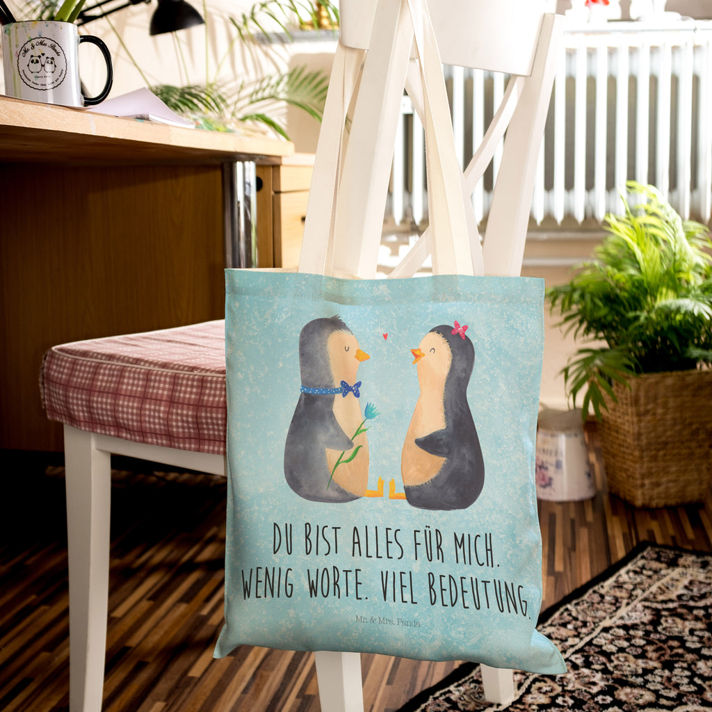 Einkaufstasche Pinguin Pärchen Tragetasche, Tasche, Beutel, Stofftasche, Baumwolltasche, Umhängetasche, Shopper, Pinguin, Pinguine, Liebe, Liebespaar, Liebesbeweis, Liebesgeschenk, Verlobung, Jahrestag, Hochzeitstag, Hochzeit, Hochzeitsgeschenk, große Liebe, Traumpaar