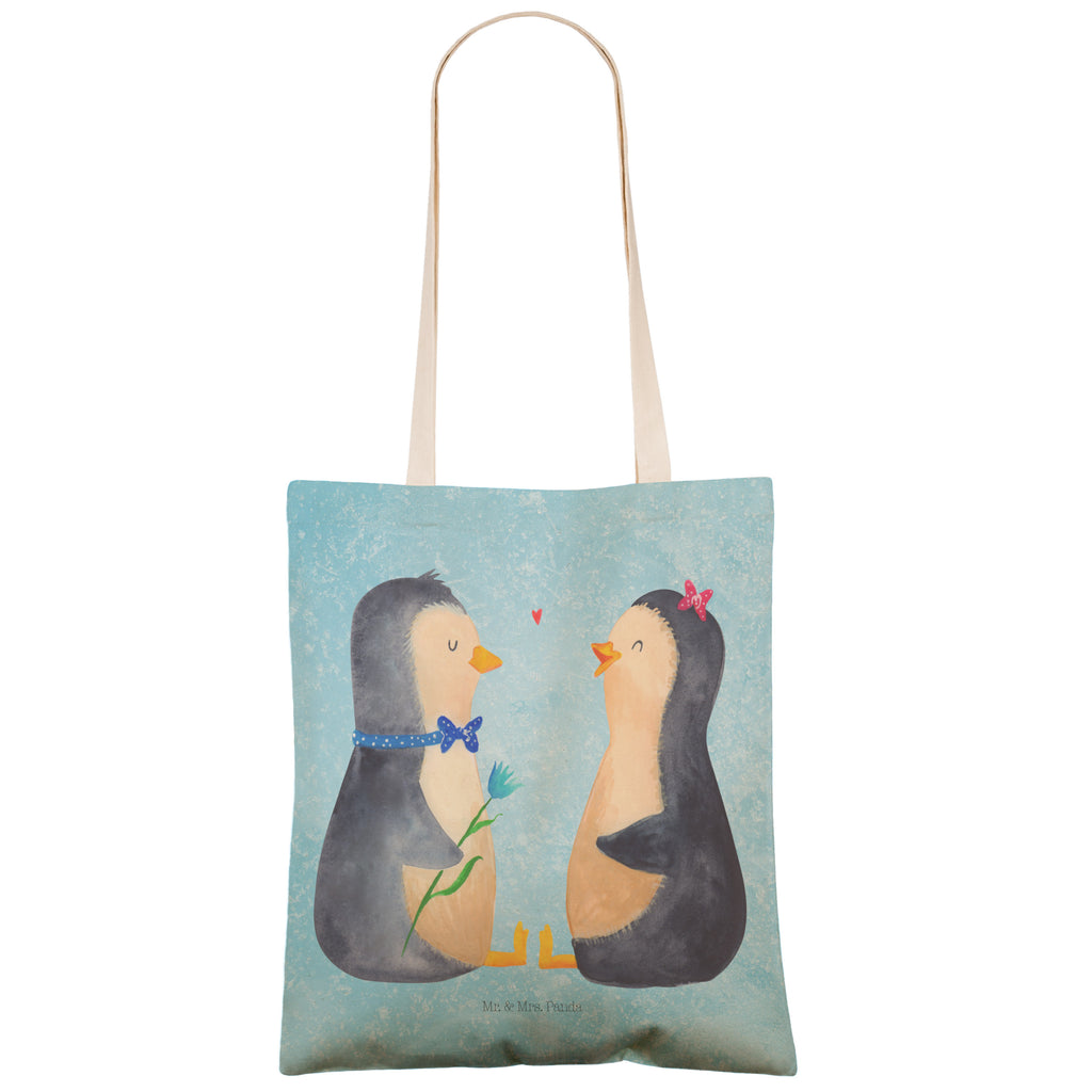 Einkaufstasche Pinguin Pärchen Tragetasche, Tasche, Beutel, Stofftasche, Baumwolltasche, Umhängetasche, Shopper, Pinguin, Pinguine, Liebe, Liebespaar, Liebesbeweis, Liebesgeschenk, Verlobung, Jahrestag, Hochzeitstag, Hochzeit, Hochzeitsgeschenk, große Liebe, Traumpaar