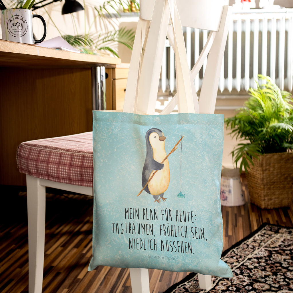 Einkaufstasche Pinguin Angler Tragetasche, Tasche, Beutel, Stofftasche, Baumwolltasche, Umhängetasche, Shopper, Pinguin, Pinguine, Angeln, Angler, Tagträume, Hobby, Plan, Planer, Tagesplan, Neustart, Motivation, Geschenk, Freundinnen, Geschenkidee, Urlaub, Wochenende
