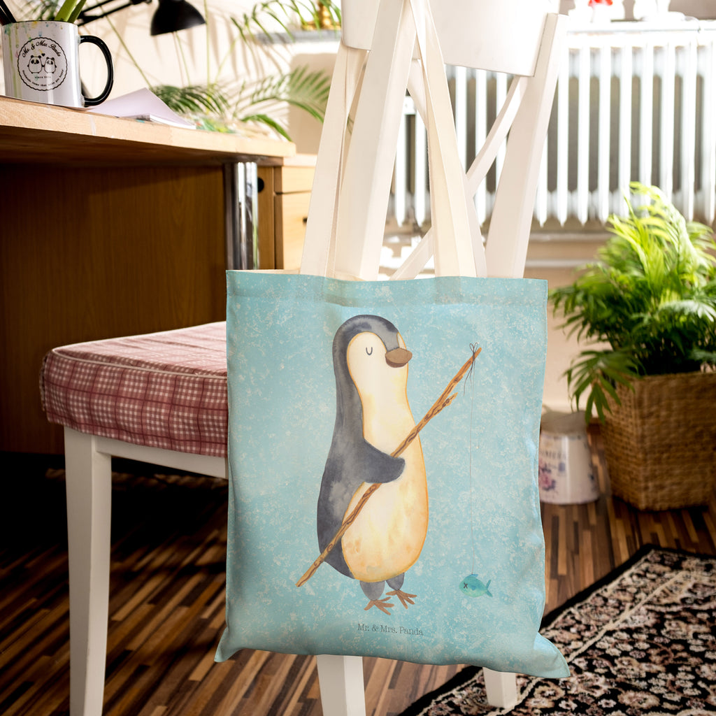 Einkaufstasche Pinguin Angler Tragetasche, Tasche, Beutel, Stofftasche, Baumwolltasche, Umhängetasche, Shopper, Pinguin, Pinguine, Angeln, Angler, Tagträume, Hobby, Plan, Planer, Tagesplan, Neustart, Motivation, Geschenk, Freundinnen, Geschenkidee, Urlaub, Wochenende
