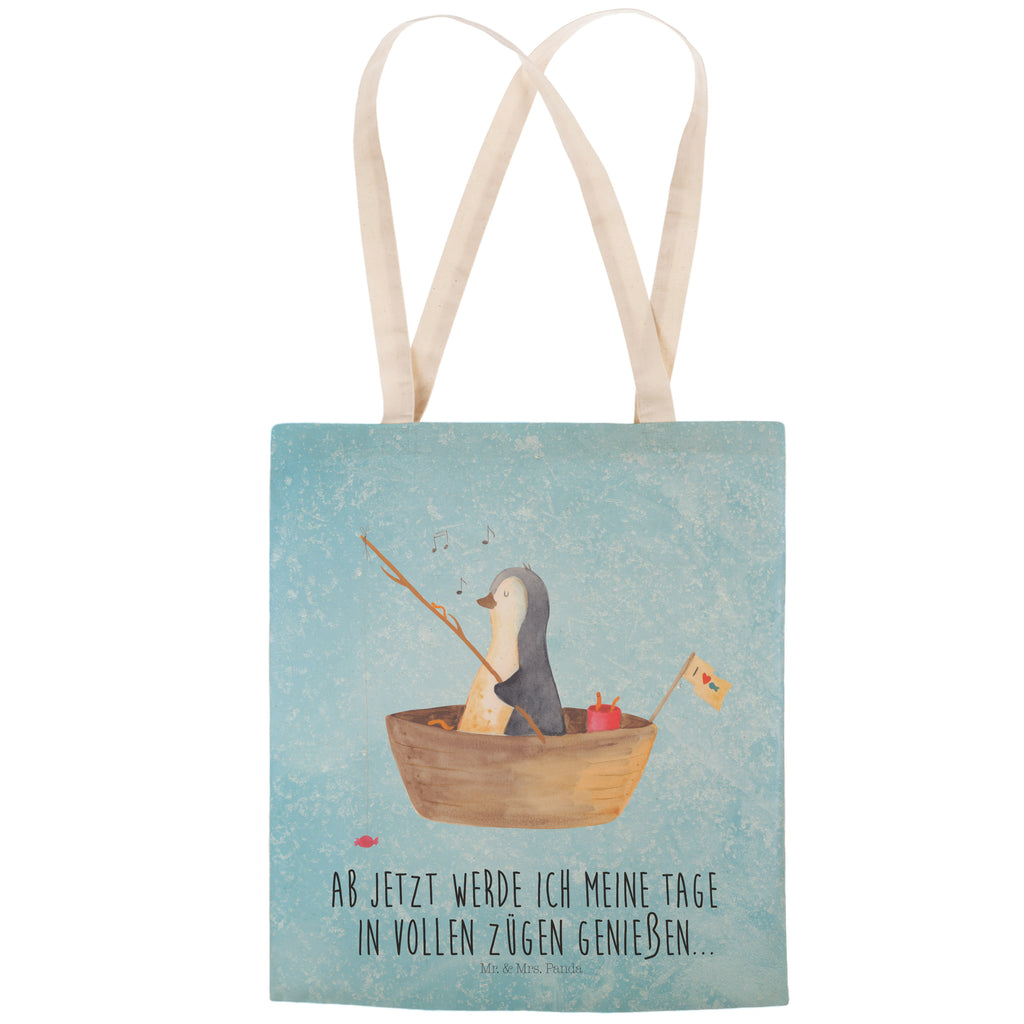 Einkaufstasche Pinguin Angelboot Tragetasche, Tasche, Beutel, Stofftasche, Baumwolltasche, Umhängetasche, Shopper, Pinguin, Pinguine, Angeln, Boot, Angelboot, Lebenslust, Leben, genießen, Motivation, Neustart, Neuanfang, Trennung, Scheidung, Geschenkidee Liebeskummer