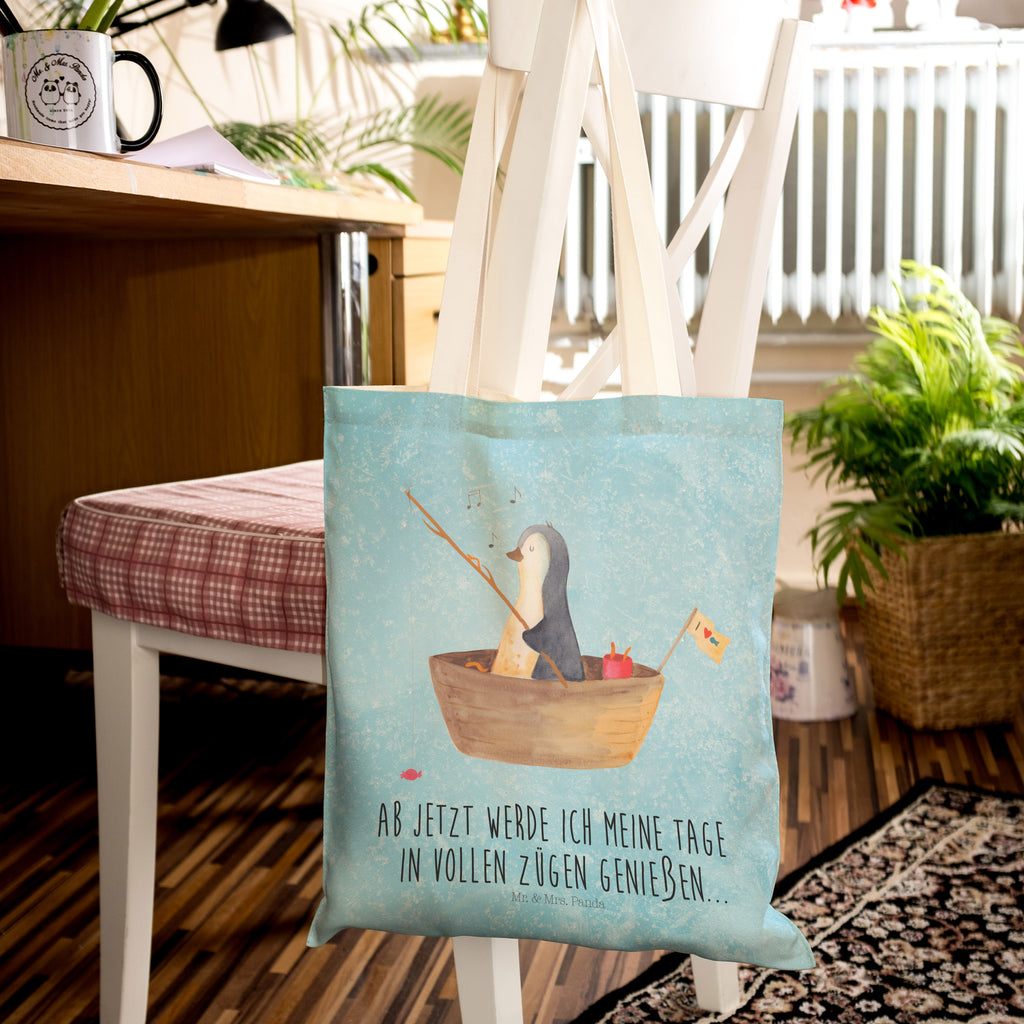 Einkaufstasche Pinguin Angelboot Tragetasche, Tasche, Beutel, Stofftasche, Baumwolltasche, Umhängetasche, Shopper, Pinguin, Pinguine, Angeln, Boot, Angelboot, Lebenslust, Leben, genießen, Motivation, Neustart, Neuanfang, Trennung, Scheidung, Geschenkidee Liebeskummer