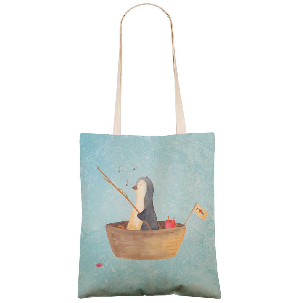 Einkaufstasche Pinguin Angelboot Tragetasche, Tasche, Beutel, Stofftasche, Baumwolltasche, Umhängetasche, Shopper, Pinguin, Pinguine, Angeln, Boot, Angelboot, Lebenslust, Leben, genießen, Motivation, Neustart, Neuanfang, Trennung, Scheidung, Geschenkidee Liebeskummer