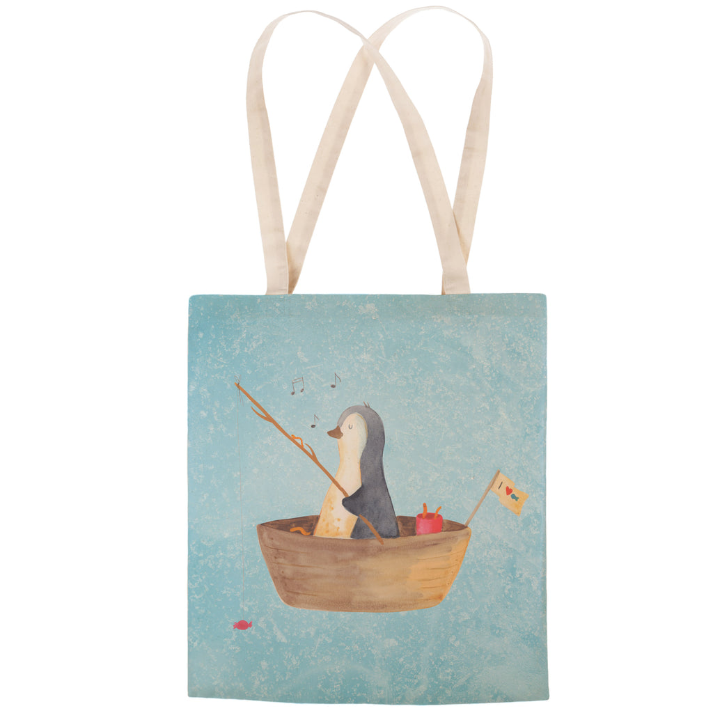 Einkaufstasche Pinguin Angelboot Tragetasche, Tasche, Beutel, Stofftasche, Baumwolltasche, Umhängetasche, Shopper, Pinguin, Pinguine, Angeln, Boot, Angelboot, Lebenslust, Leben, genießen, Motivation, Neustart, Neuanfang, Trennung, Scheidung, Geschenkidee Liebeskummer