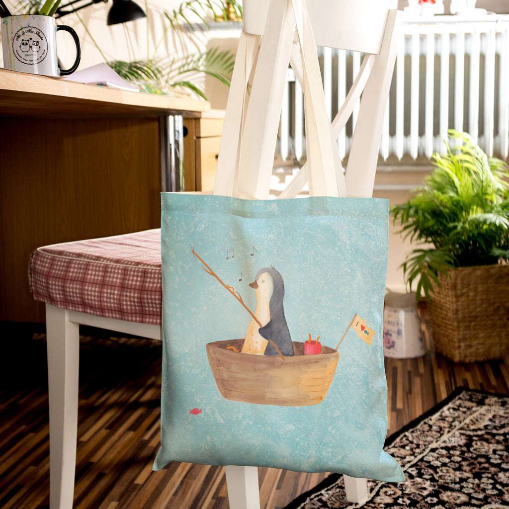 Einkaufstasche Pinguin Angelboot Tragetasche, Tasche, Beutel, Stofftasche, Baumwolltasche, Umhängetasche, Shopper, Pinguin, Pinguine, Angeln, Boot, Angelboot, Lebenslust, Leben, genießen, Motivation, Neustart, Neuanfang, Trennung, Scheidung, Geschenkidee Liebeskummer