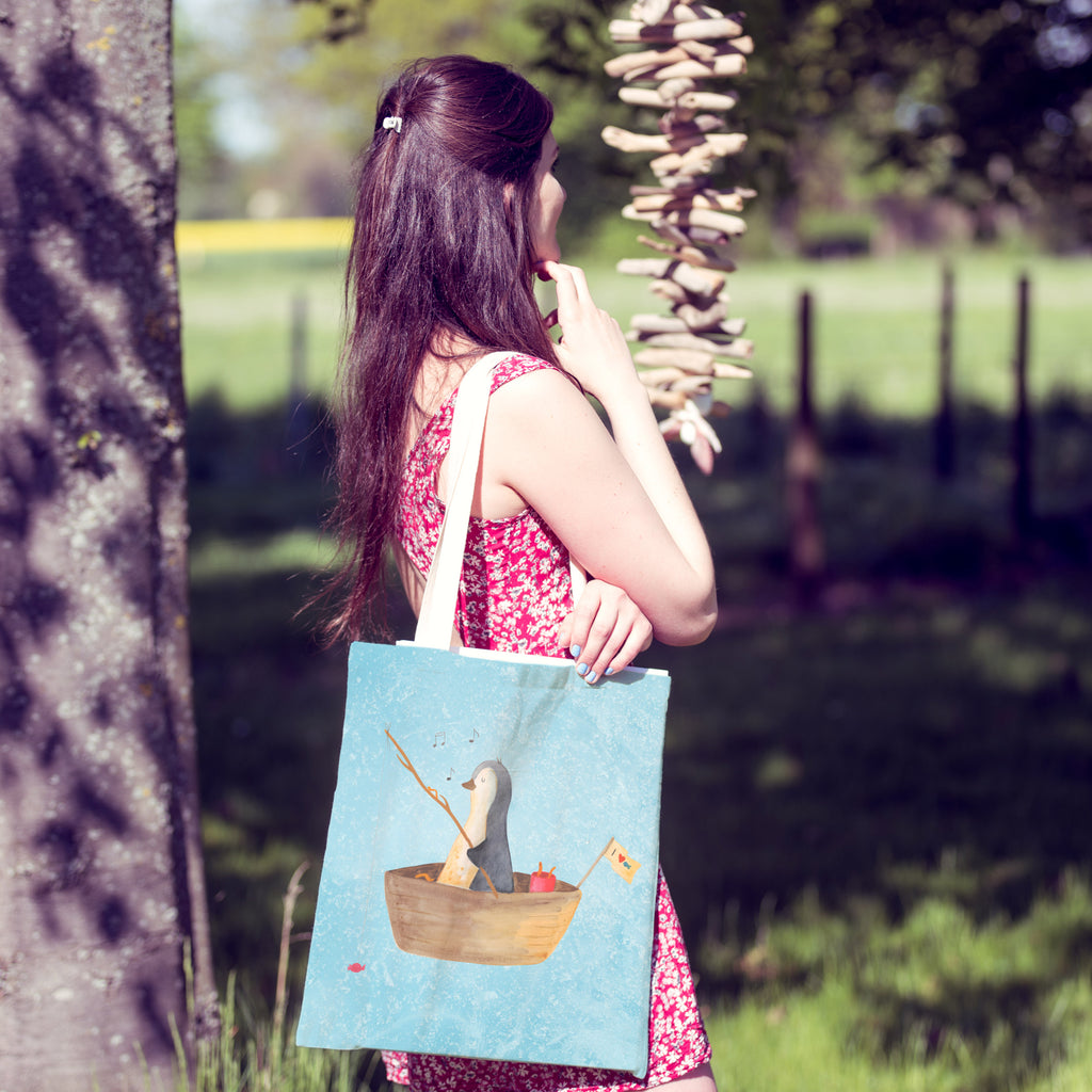 Einkaufstasche Pinguin Angelboot Tragetasche, Tasche, Beutel, Stofftasche, Baumwolltasche, Umhängetasche, Shopper, Pinguin, Pinguine, Angeln, Boot, Angelboot, Lebenslust, Leben, genießen, Motivation, Neustart, Neuanfang, Trennung, Scheidung, Geschenkidee Liebeskummer