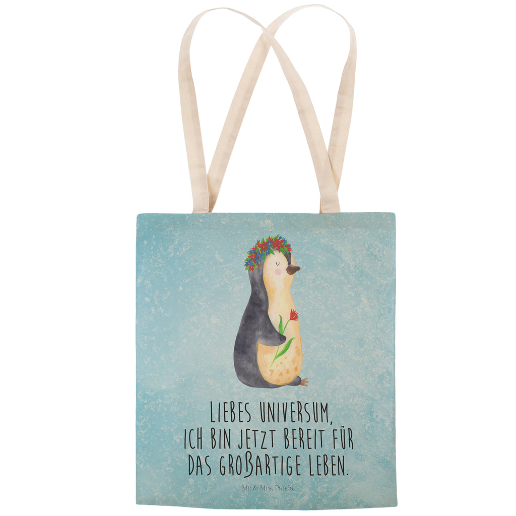 Einkaufstasche Pinguin Blumenkranz Tragetasche, Tasche, Beutel, Stofftasche, Baumwolltasche, Umhängetasche, Shopper, Pinguin, Pinguine, Blumenkranz, Universum, Leben, Wünsche, Ziele, Lebensziele, Motivation, Lebenslust, Liebeskummer, Geschenkidee