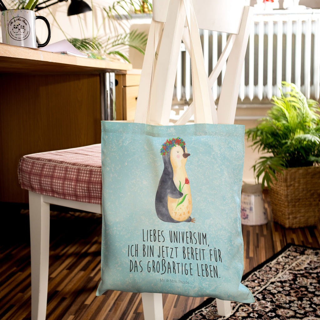 Einkaufstasche Pinguin Blumenkranz Tragetasche, Tasche, Beutel, Stofftasche, Baumwolltasche, Umhängetasche, Shopper, Pinguin, Pinguine, Blumenkranz, Universum, Leben, Wünsche, Ziele, Lebensziele, Motivation, Lebenslust, Liebeskummer, Geschenkidee