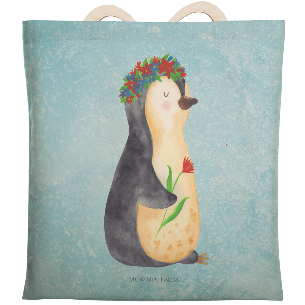 Einkaufstasche Pinguin Blumenkranz Tragetasche, Tasche, Beutel, Stofftasche, Baumwolltasche, Umhängetasche, Shopper, Pinguin, Pinguine, Blumenkranz, Universum, Leben, Wünsche, Ziele, Lebensziele, Motivation, Lebenslust, Liebeskummer, Geschenkidee