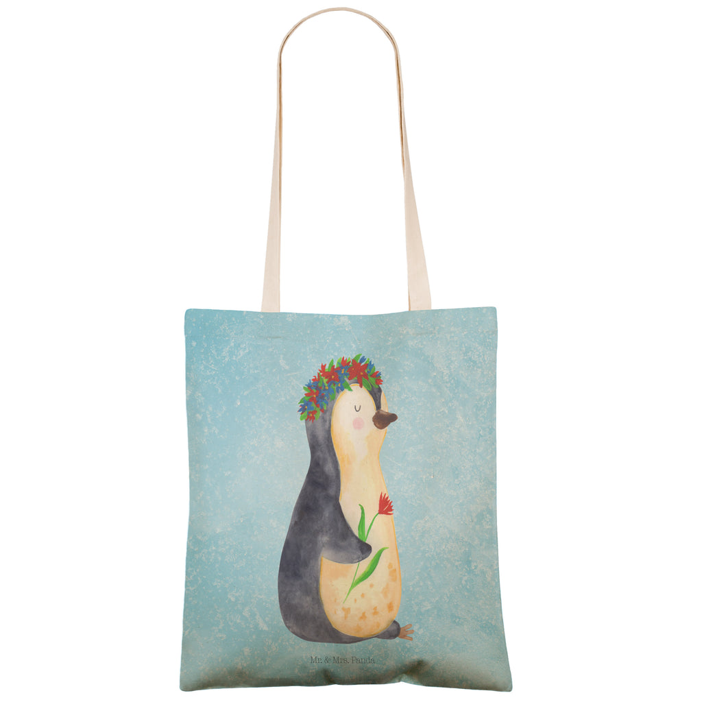 Einkaufstasche Pinguin Blumenkranz Tragetasche, Tasche, Beutel, Stofftasche, Baumwolltasche, Umhängetasche, Shopper, Pinguin, Pinguine, Blumenkranz, Universum, Leben, Wünsche, Ziele, Lebensziele, Motivation, Lebenslust, Liebeskummer, Geschenkidee