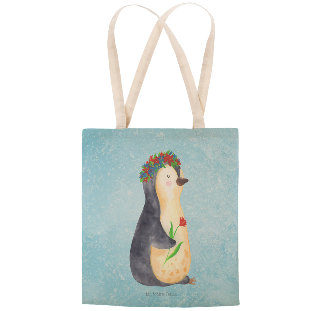 Einkaufstasche Pinguin Blumenkranz Tragetasche, Tasche, Beutel, Stofftasche, Baumwolltasche, Umhängetasche, Shopper, Pinguin, Pinguine, Blumenkranz, Universum, Leben, Wünsche, Ziele, Lebensziele, Motivation, Lebenslust, Liebeskummer, Geschenkidee