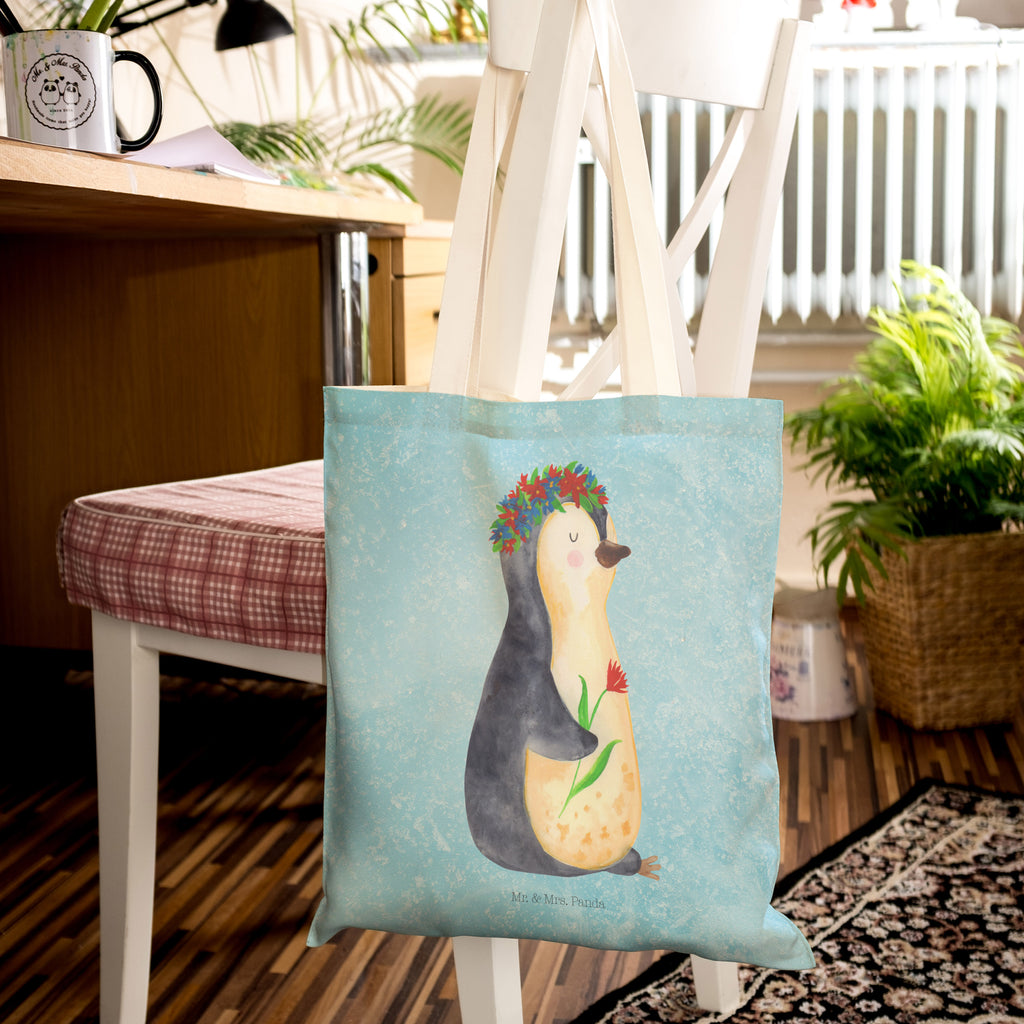 Einkaufstasche Pinguin Blumenkranz Tragetasche, Tasche, Beutel, Stofftasche, Baumwolltasche, Umhängetasche, Shopper, Pinguin, Pinguine, Blumenkranz, Universum, Leben, Wünsche, Ziele, Lebensziele, Motivation, Lebenslust, Liebeskummer, Geschenkidee