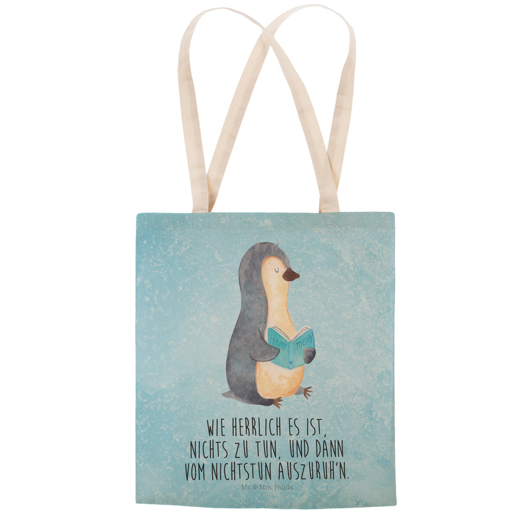 Einkaufstasche Pinguin Buch Tragetasche, Tasche, Beutel, Stofftasche, Baumwolltasche, Umhängetasche, Shopper, Pinguin, Pinguine, Buch, Lesen, Bücherwurm, Nichtstun, Faulenzen, Ferien, Urlaub, Freizeit