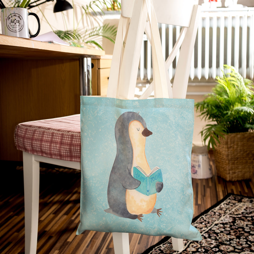 Einkaufstasche Pinguin Buch Tragetasche, Tasche, Beutel, Stofftasche, Baumwolltasche, Umhängetasche, Shopper, Pinguin, Pinguine, Buch, Lesen, Bücherwurm, Nichtstun, Faulenzen, Ferien, Urlaub, Freizeit