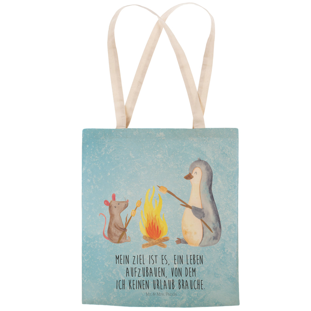 Einkaufstasche Pinguin Lagerfeuer Tragetasche, Tasche, Beutel, Stofftasche, Baumwolltasche, Umhängetasche, Shopper, Pinguin, Maus, Pinguine, Lagerfeuer, Leben, Arbeit, Job, Motivation, Büro, Büroalltag, Lebensspruch, Lebensmotivation, Neustart, Liebe, grillen, Feuer, Marshmallows