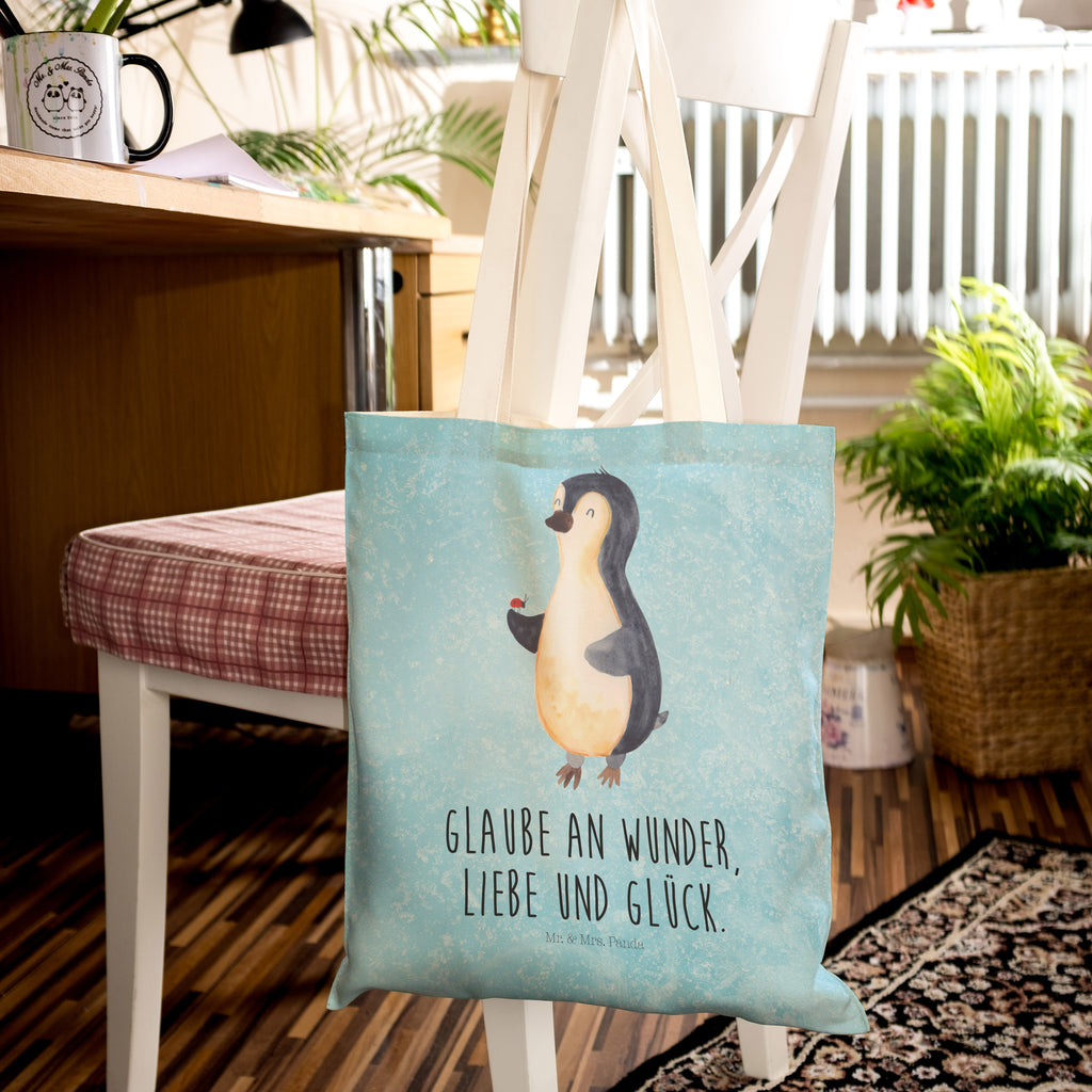 Einkaufstasche Pinguin Marienkäfer Tragetasche, Tasche, Beutel, Stofftasche, Baumwolltasche, Umhängetasche, Shopper, Pinguin, Pinguine, Marienkäfer, Liebe, Wunder, Glück, Freude, Lebensfreude