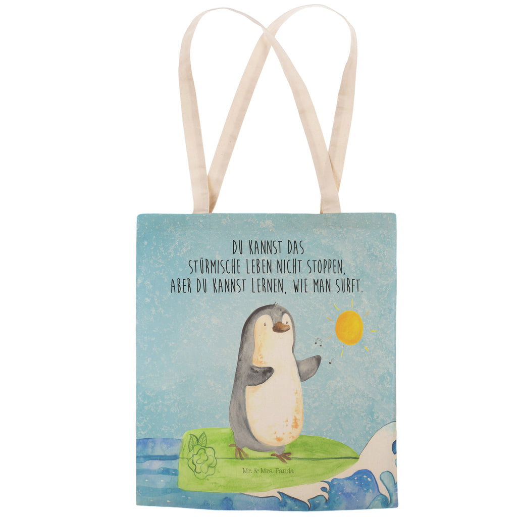 Einkaufstasche Pinguin Surfer Tragetasche, Tasche, Beutel, Stofftasche, Baumwolltasche, Umhängetasche, Shopper, Pinguin, Pinguine, surfen, Surfer, Hawaii, Urlaub, Wellen, Wellen reiten, Portugal